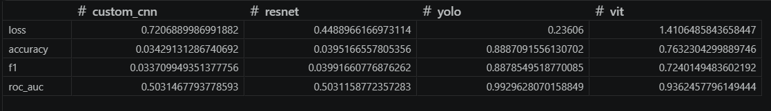 A table displaying model performance